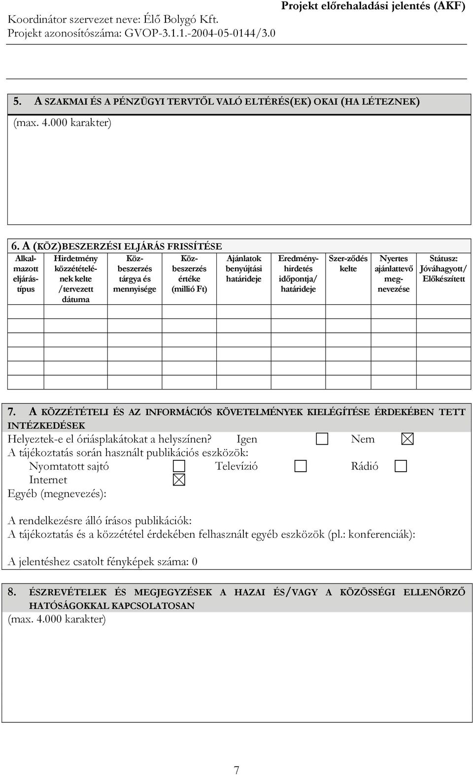 határideje Eredményhirdetés időpontja/ határideje Szer-ződés kelte Nyertes ajánlattevő megnevezése Státusz: Jóváhagyott/ Előkészített 7.