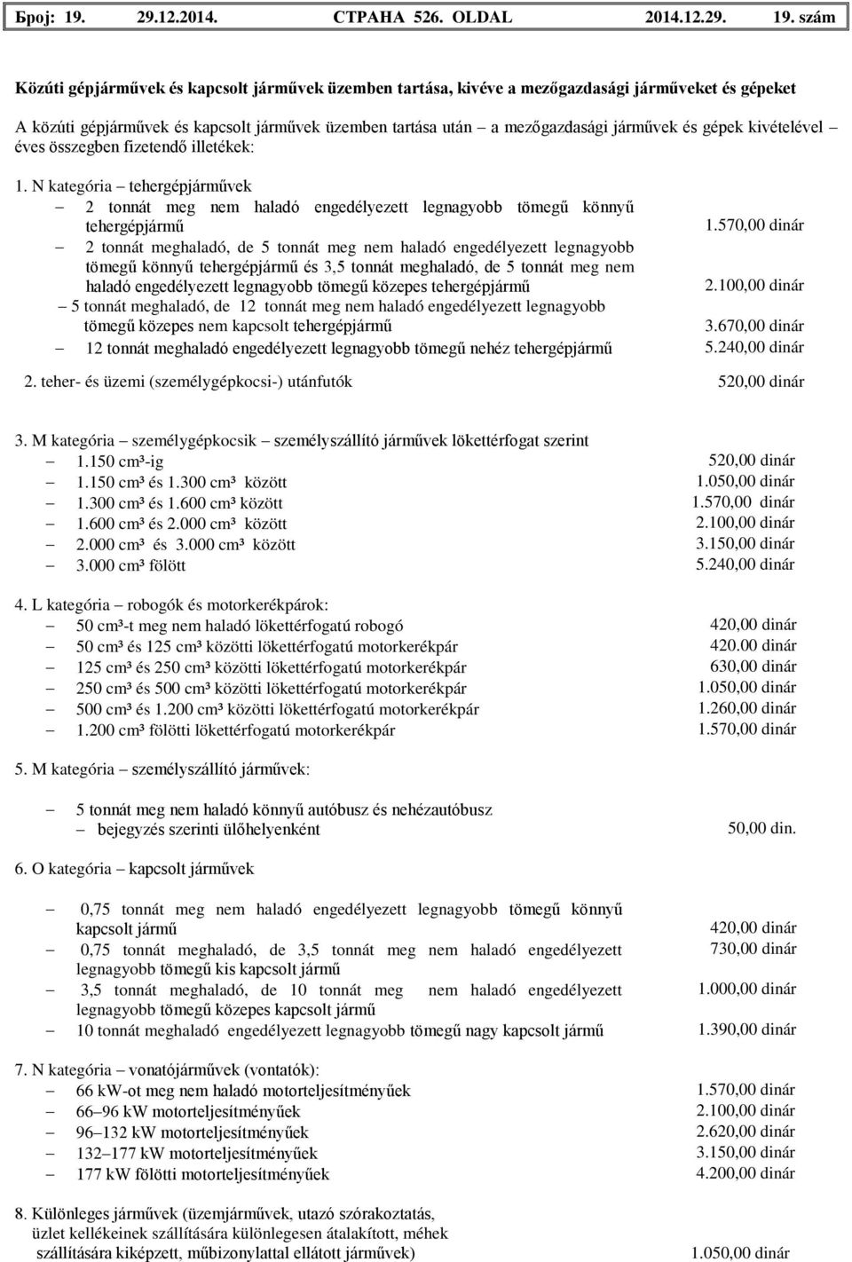 szám Közúti gépjárművek és kapcsolt járművek üzemben tartása, kivéve a mezőgazdasági járműveket és gépeket A közúti gépjárművek és kapcsolt járművek üzemben tartása után a mezőgazdasági járművek és