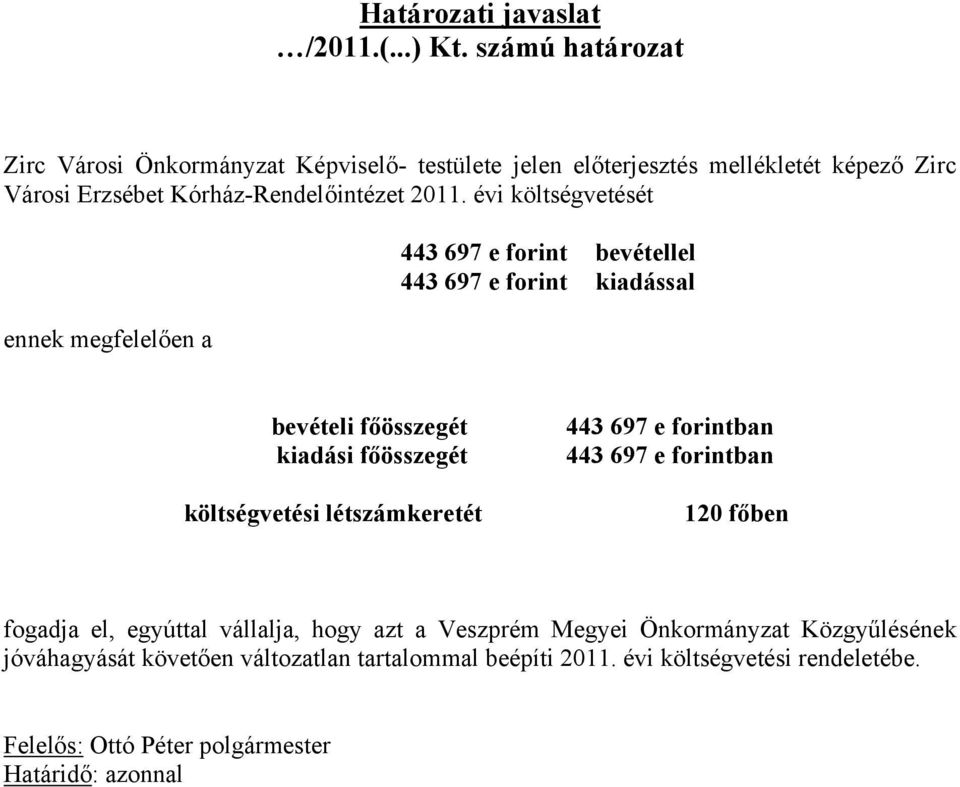 évi költségvetését ennek megfelelően a 443 697 e forint bevétellel 443 697 e forint kiadással bevételi főösszegét kiadási főösszegét költségvetési