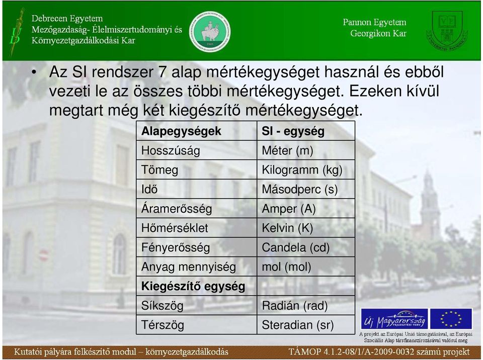 Alapegységek Hosszúság Tömeg Idı Áramerısség Hımérséklet Fényerısség Anyag mennyiség Kiegészítı