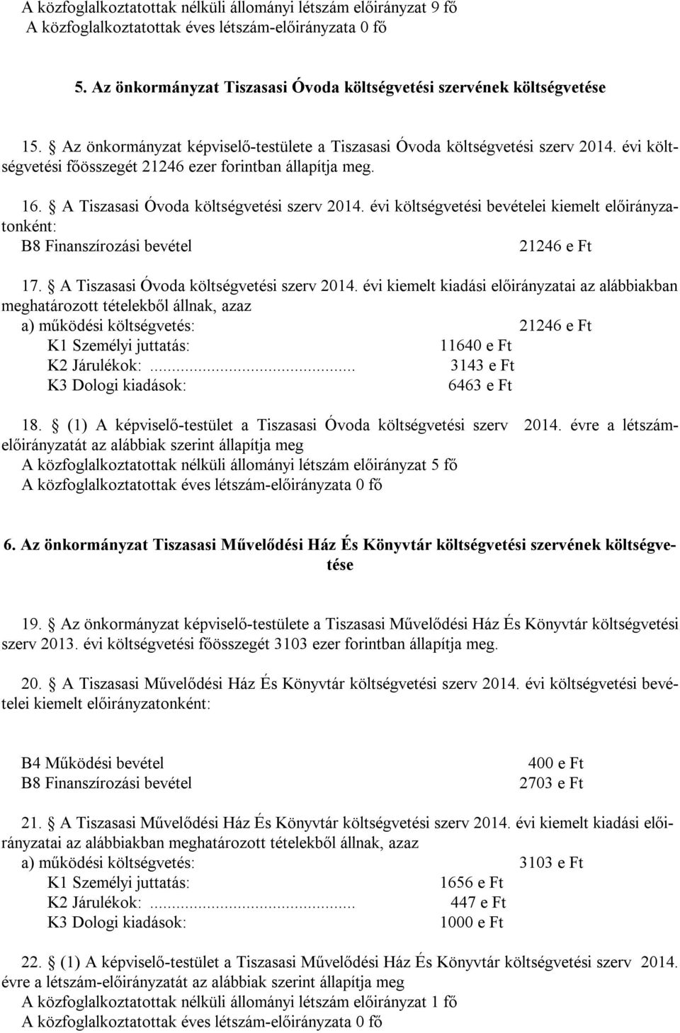 évi költségvetési bevételei kiemelt előirányzatonként: B8 Finanszírozási bevétel 21246 e Ft 17. A Tiszasasi Óvoda költségvetési szerv 2014.