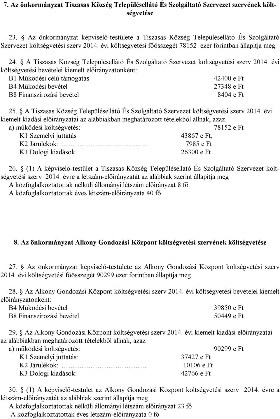 A Tiszasas Község Településellátó És Szolgáltató Szervezet költségvetési szerv 2014.