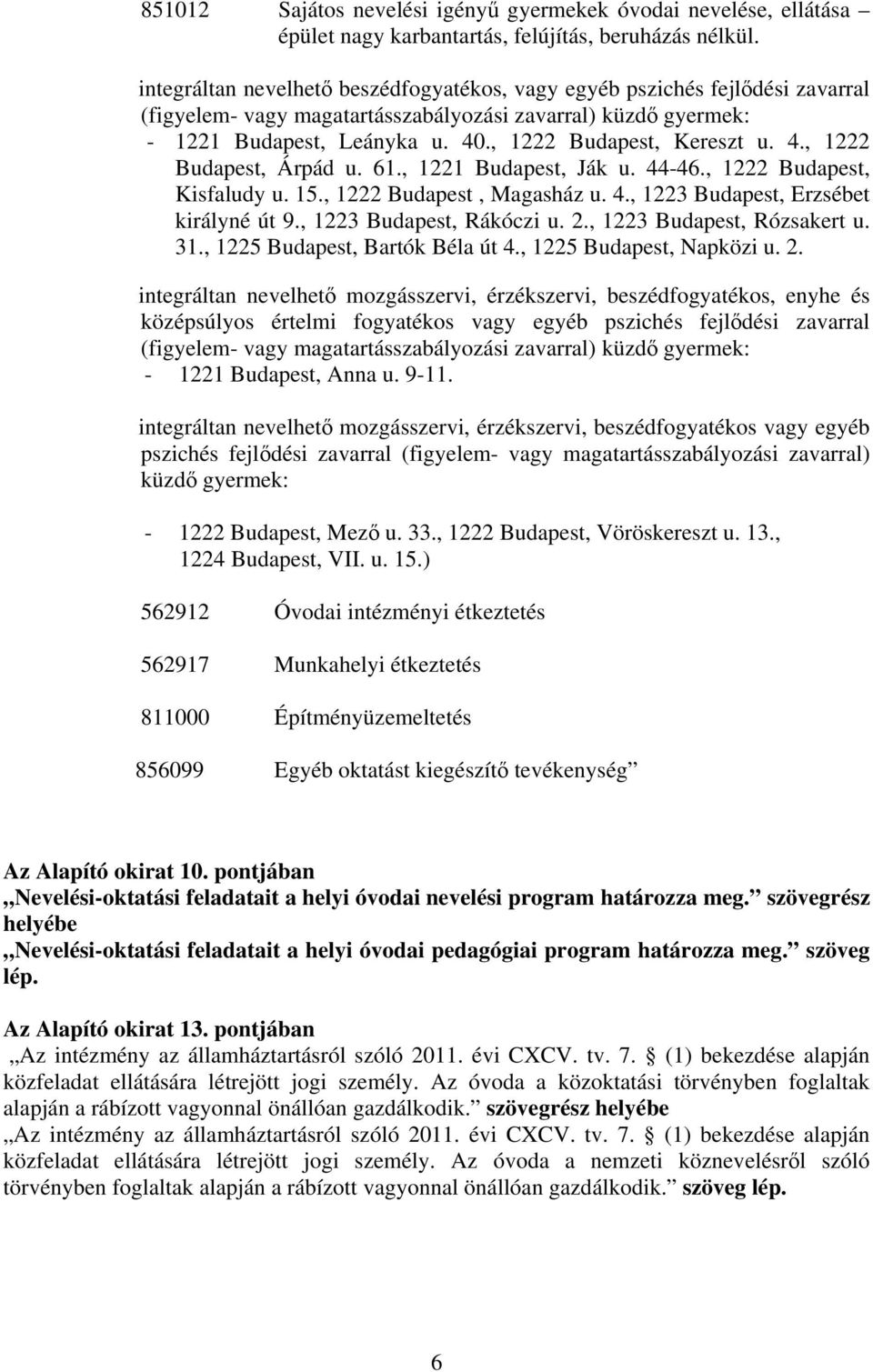 , 1222 Budapest, Kereszt u. 4., 1222 Budapest, Árpád u. 61., 1221 Budapest, Ják u. 44-46., 1222 Budapest, Kisfaludy u. 15., 1222 Budapest, Magasház u. 4., 1223 Budapest, Erzsébet királyné út 9.