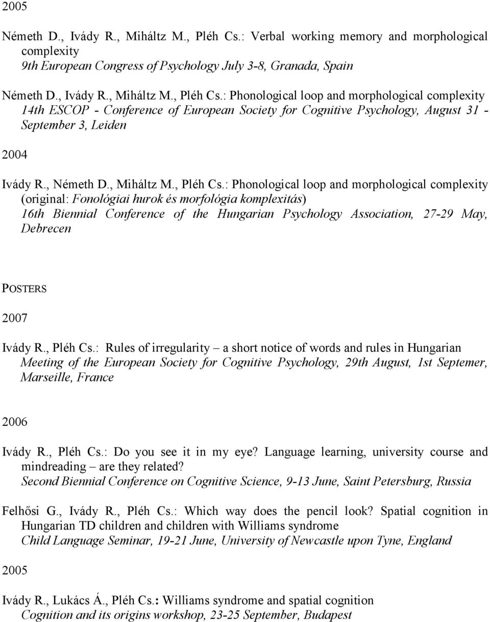 : Phonological loop and morphological complexity 14th ESCOP - Conference of European Society for Cognitive Psychology, August 31 - September 3, Leiden 2004 Ivády R., Németh D., Miháltz M., Pléh Cs.