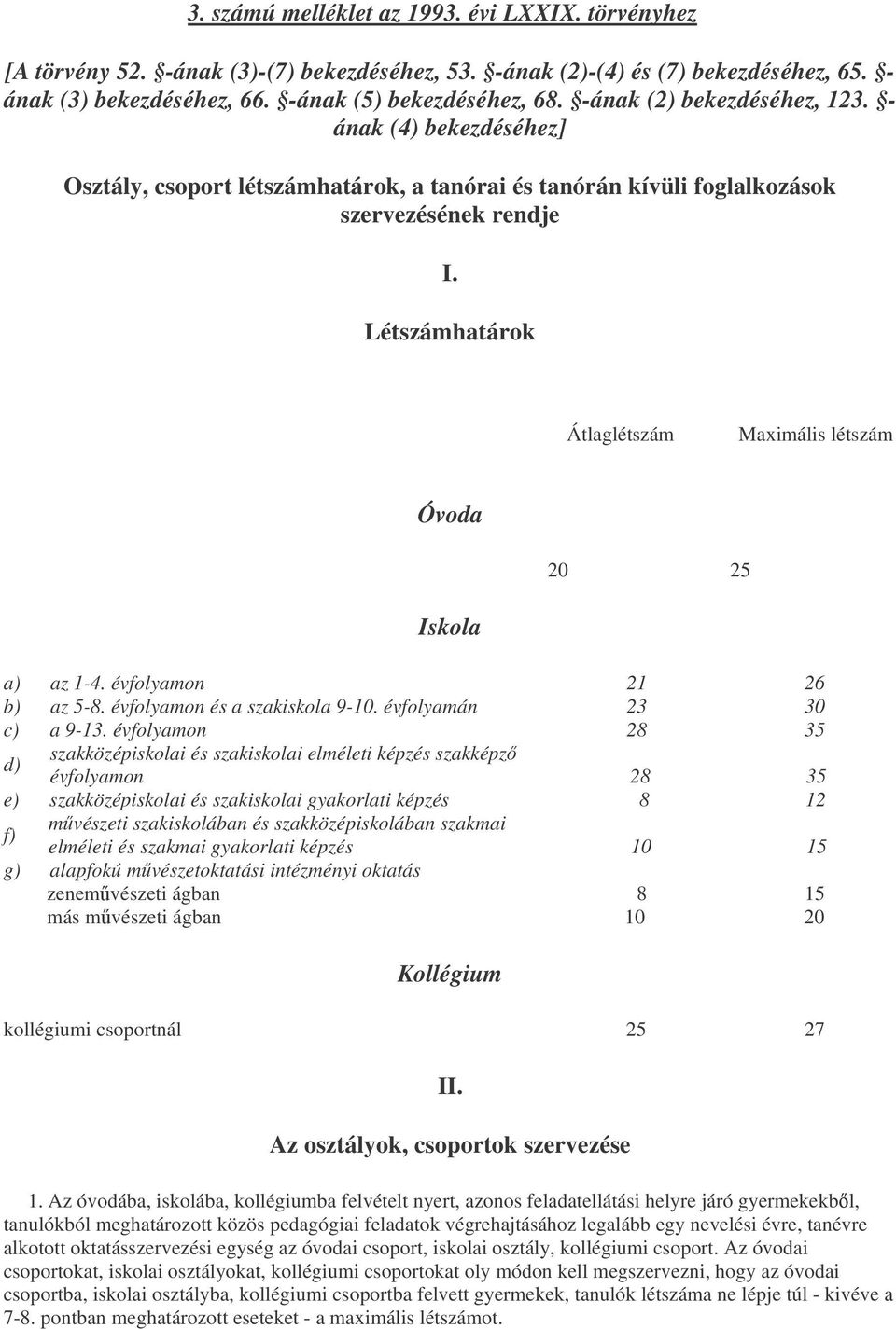 Létszámhatárok Átlaglétszám Maximális létszám Óvoda 20 25 Iskola a) az 1-4. évfolyamon 21 26 b) az 5-8. évfolyamon és a szakiskola 9-10. évfolyamán 23 30 c) a 9-13.