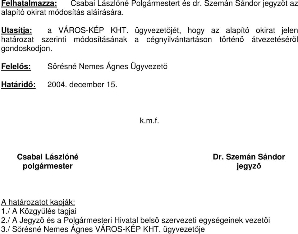 Felelős: Sőrésné Nemes Ágnes Ügyvezető Határidő: 2004. december 15. k.m.f. Csabai Lászlóné polgármester Dr.