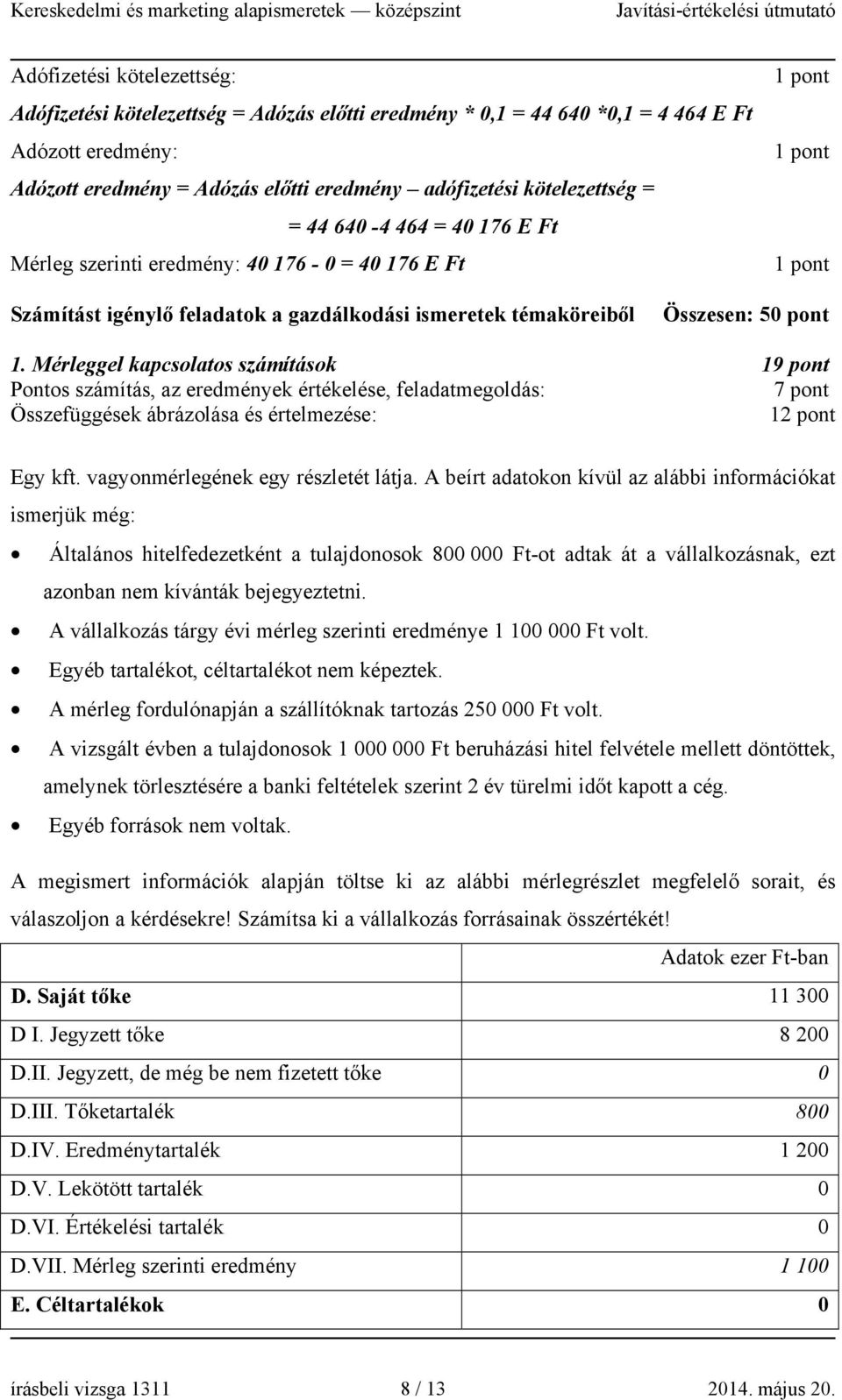 Mérleggel kapcsolatos számítások 19 pont Pontos számítás, az eredmények értékelése, feladatmegoldás: 7 pont Összefüggések ábrázolása és értelmezése: 1 Egy kft. vagyonmérlegének egy részletét látja.