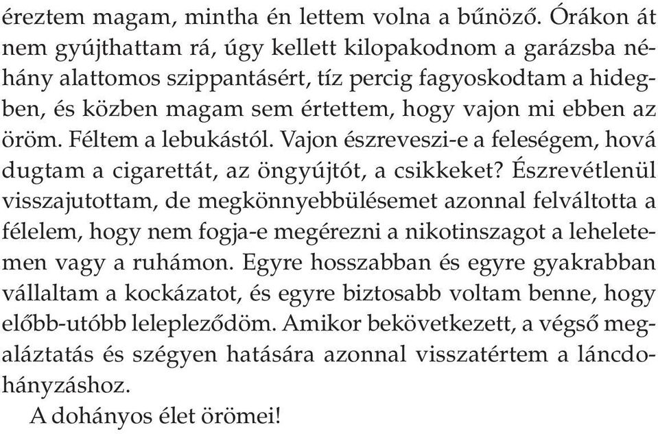 öröm. Féltem a lebukástól. Vajon észreveszi-e a feleségem, hová dugtam a cigarettát, az öngyújtót, a csikkeket?