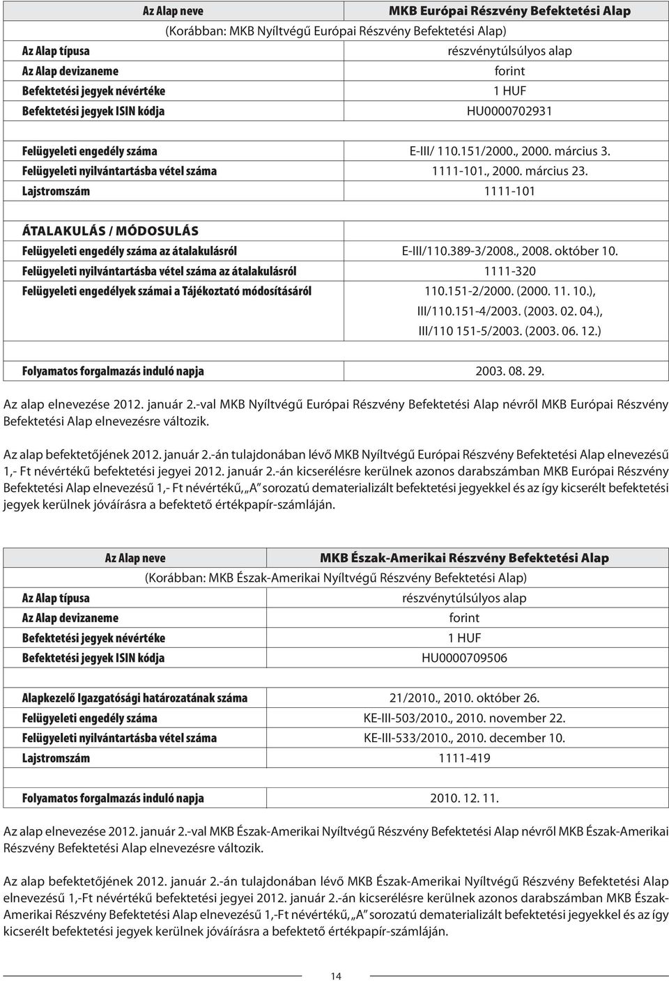 Lajstromszám 1111-101 ÁTALAKULÁS / MÓDOSULÁS Felügyeleti engedély száma az átalakulásról E-III/110.389-3/2008., 2008. október 10.
