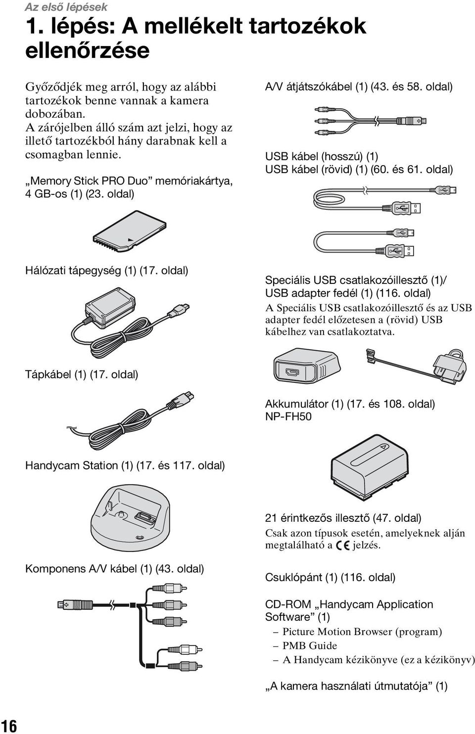 oldal) USB kábel (hosszú) (1) USB kábel (rövid) (1) (60. és 61. oldal) Hálózati tápegység (1) (17. oldal) Speciális USB csatlakozóillesztő (1)/ USB adapter fedél (1) (116.