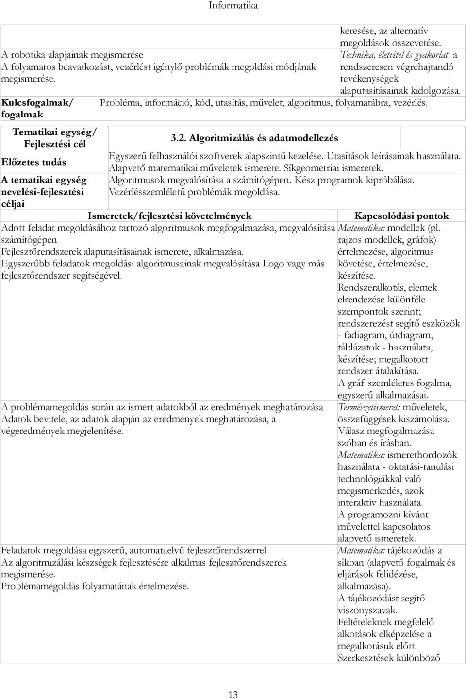 A robotika alapjainak megismerése A folyamatos beavatkozást, vezérlést igénylő problémák megoldási módjának megismerése. Kulcs/ A tematikai egység 3.2.