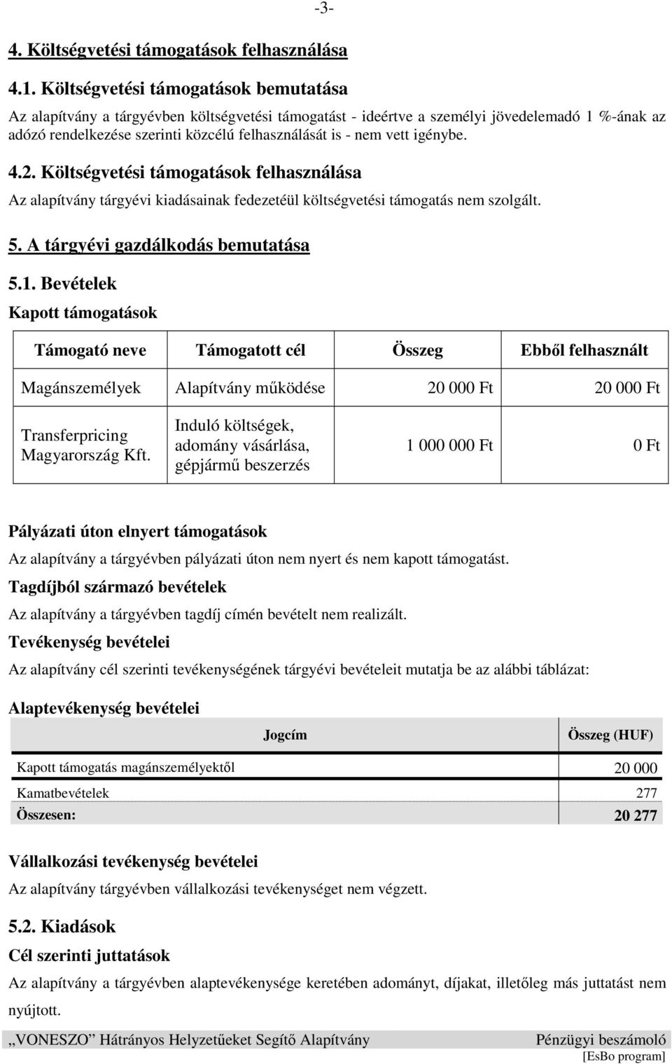 vett igénybe. 4.2. Költségvetési támogatások felhasználása Az alapítvány tárgyévi kiadásainak fedezetéül költségvetési támogatás nem szolgált. 5. A tárgyévi gazdálkodás bemutatása 5.1.