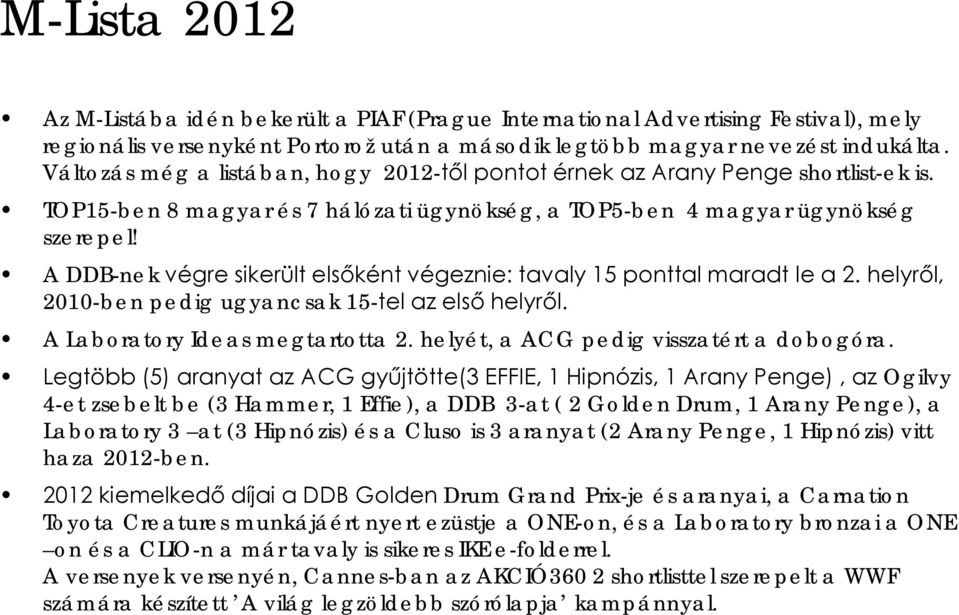 A DDB-nek végre sikerült elsőként végeznie: tavaly 15 ponttal maradt le a 2. helyről, 2010-ben pedig ugyancsak 15-tel az első helyről. A Laboratory Ideas megtartotta 2.