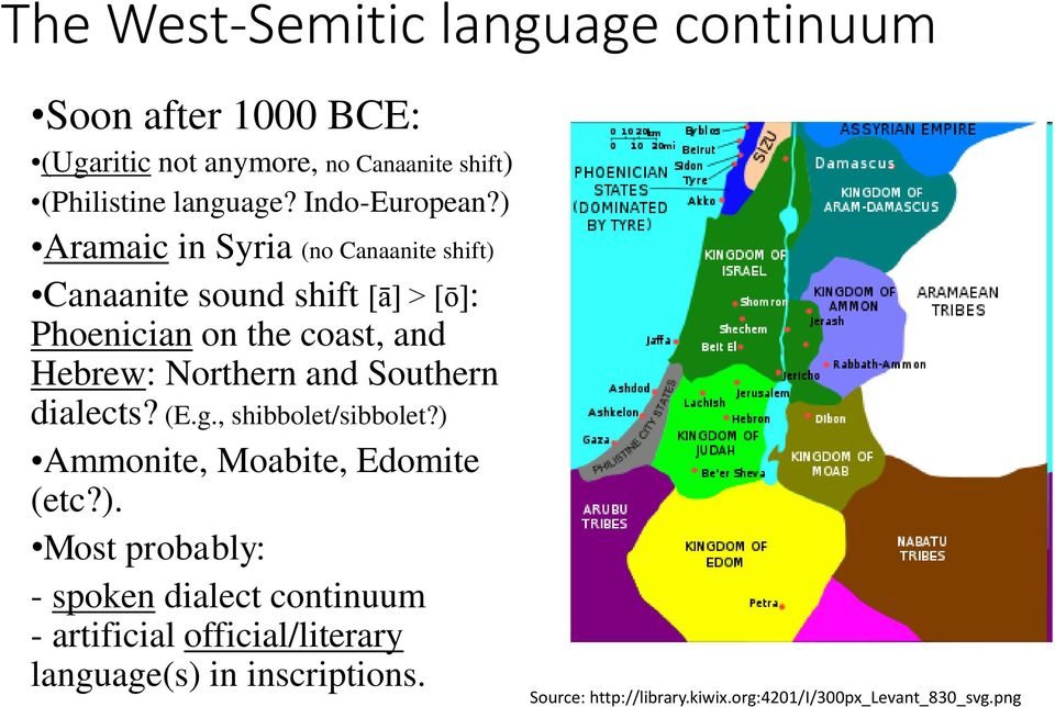 ) Aramaic in Syria (no Canaanite shift) Canaanite sound shift [ā] > [ō]: Phoenician on the coast, and Hebrew: Northern and