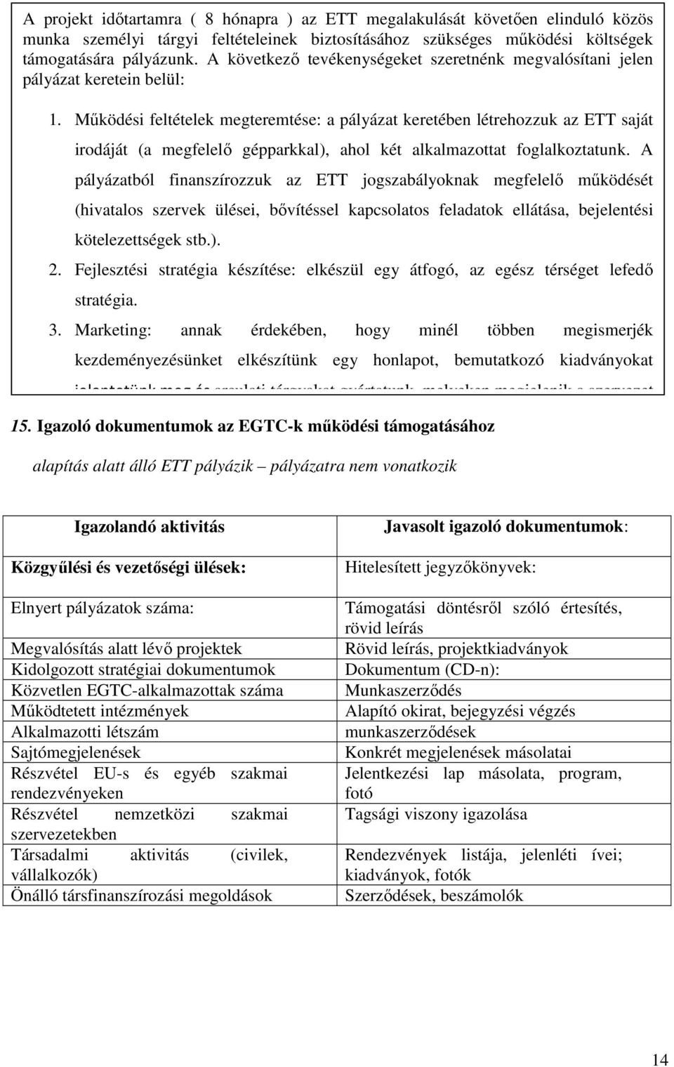 Mőködési feltételek megteremtése: a pályázat keretében létrehozzuk az ETT saját irodáját (a megfelelı gépparkkal), ahol két alkalmazottat foglalkoztatunk.