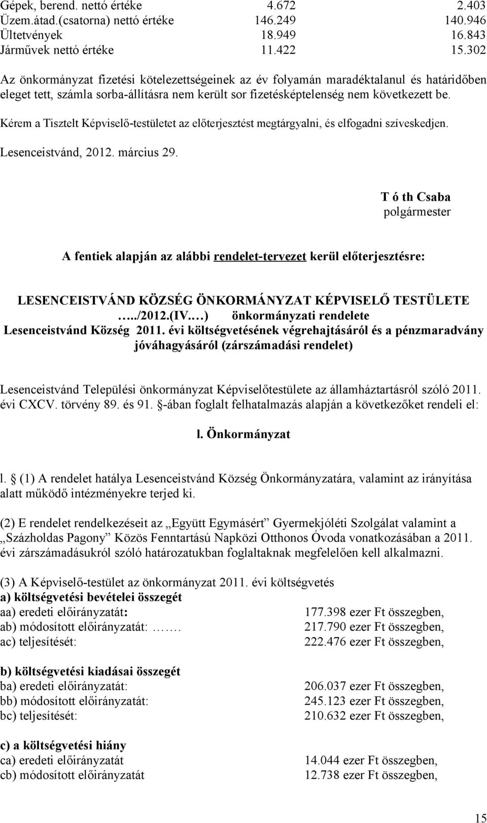 Kérem a Tisztelt Képviselő-testületet az előterjesztést megtárgyalni, és elfogadni szíveskedjen. Lesenceistvánd, 2012. március 29.