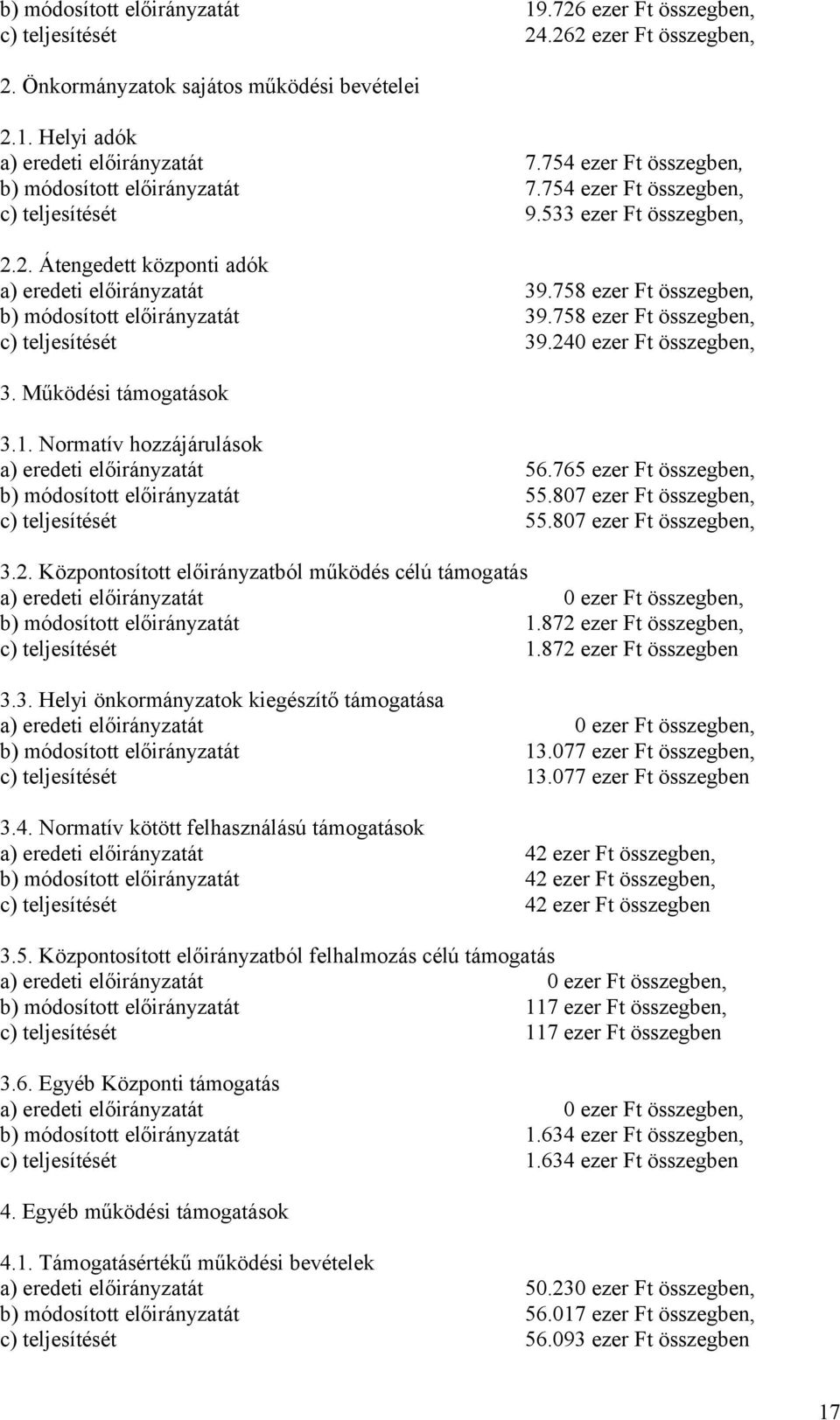 758 ezer Ft összegben, b) módosított előirányzatát 39.758 ezer Ft összegben, c) teljesítését 39.240 ezer Ft összegben, 3. Működési támogatások 3.1. Normatív hozzájárulások a) eredeti előirányzatát 56.