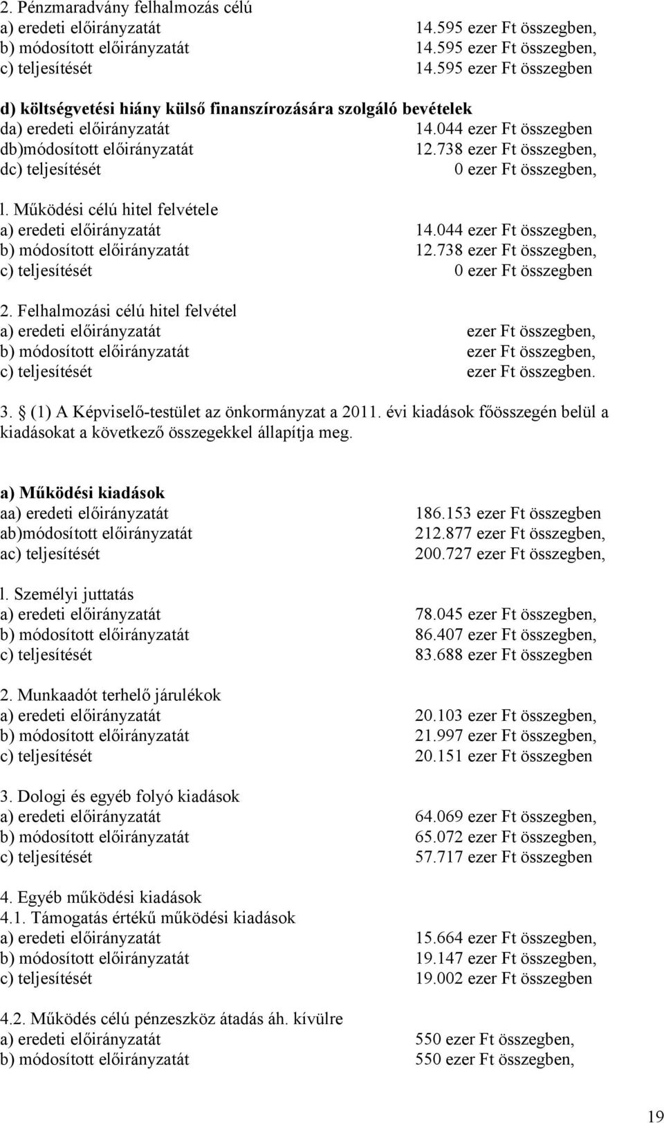 738 ezer Ft összegben, dc) teljesítését 0 ezer Ft összegben, l. Működési célú hitel felvétele a) eredeti előirányzatát 14.044 ezer Ft összegben, b) módosított előirányzatát 12.