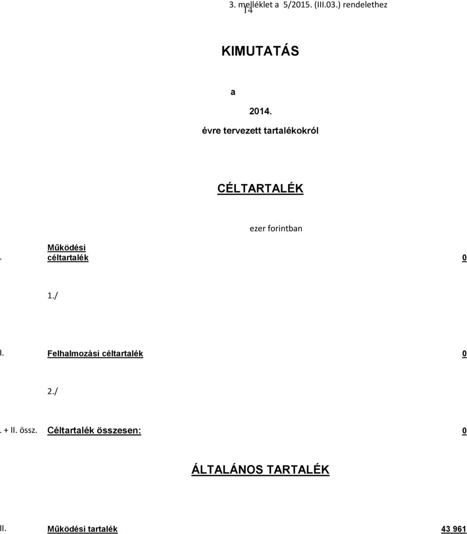 céltartalék 0 1./. Felhalmozási céltartalék 0 2./ + II. össz.