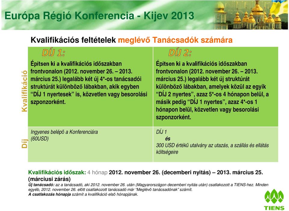 Ingyenes belépő a Konferenciára (60USD) Építsen ki a kvalifikációs időszakban frontvonalon (2012. november 26. 2013. március 25.