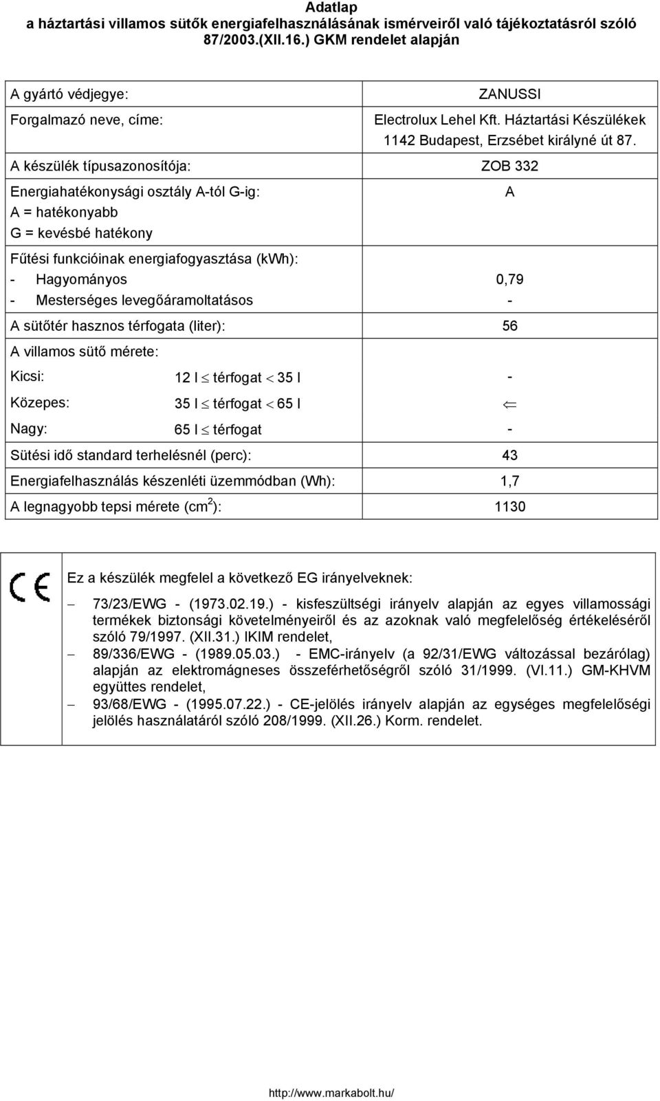 A készülék típusazonosítója: ZOB Energiahatékonysági osztály A-tól G-ig: A = hatékonyabb G = kevésbé hatékony Fűtési funkcióinak energiafogyasztása (kwh): - Hagyományos - Mesterséges