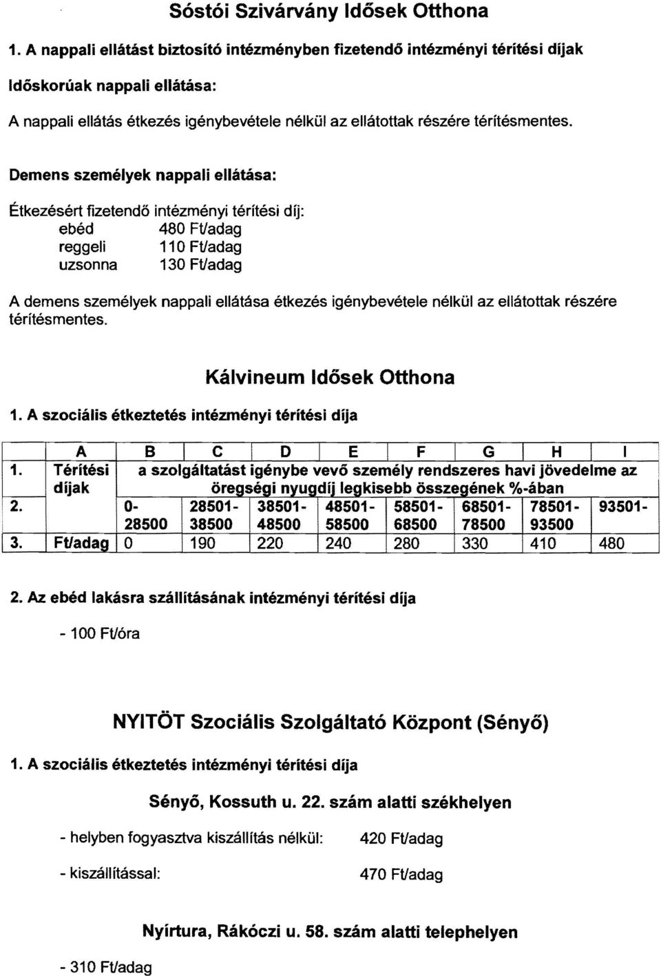 Demens személyek nappali ellétása: Étkezésért fizetendő intézményi térítési díj: ebéd 480 Ft/adag reggeli 110Ft/adag uzsonna 130 Ft/adag A demens személyek nappali ellátása étkezés igénybevétele