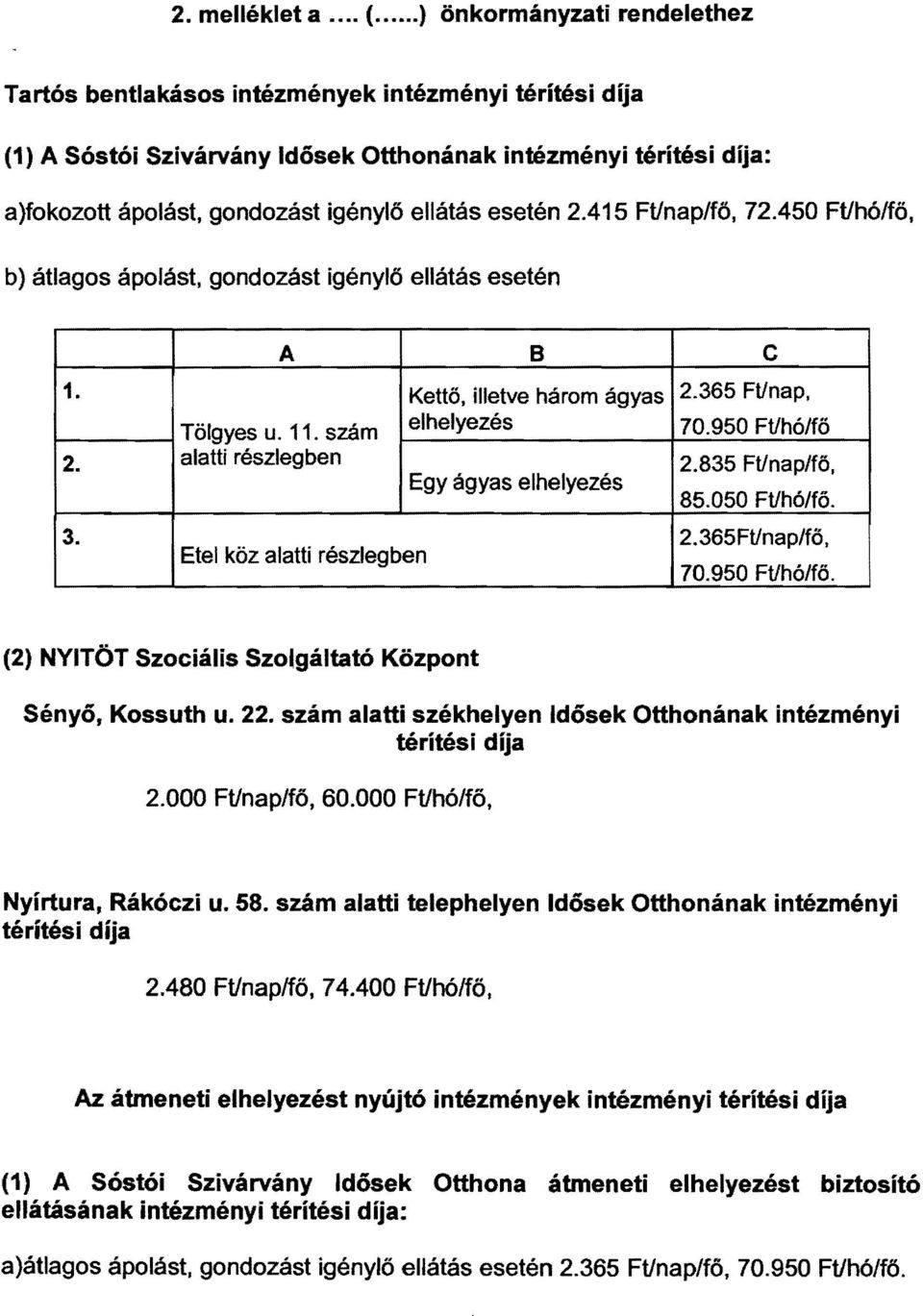 ellátás esetén 2.415 Ftln a p/fő, 72.450 Ftlhó/fő, b) átlagos ápolást, gondozást igénylő ellátás esetén 1. Tölgyes u. 11. szám 2. alatti részleg ben 3.