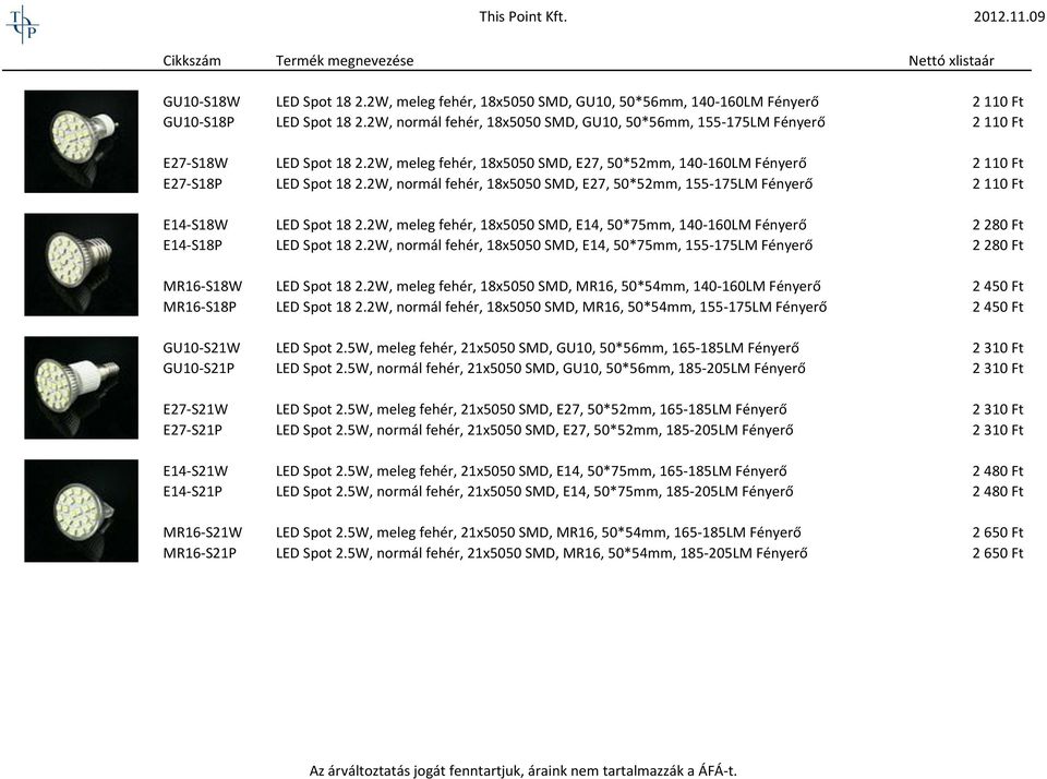 2W, normál fehér, 18x5050 SMD, E27, 50*52mm, 155-175LM Fényerő 2 110 Ft E14-S18W LED Spot 18 2.2W, meleg fehér, 18x5050 SMD, E14, 50*75mm, 140-160LM Fényerő 2 280 Ft E14-S18P LED Spot 18 2.