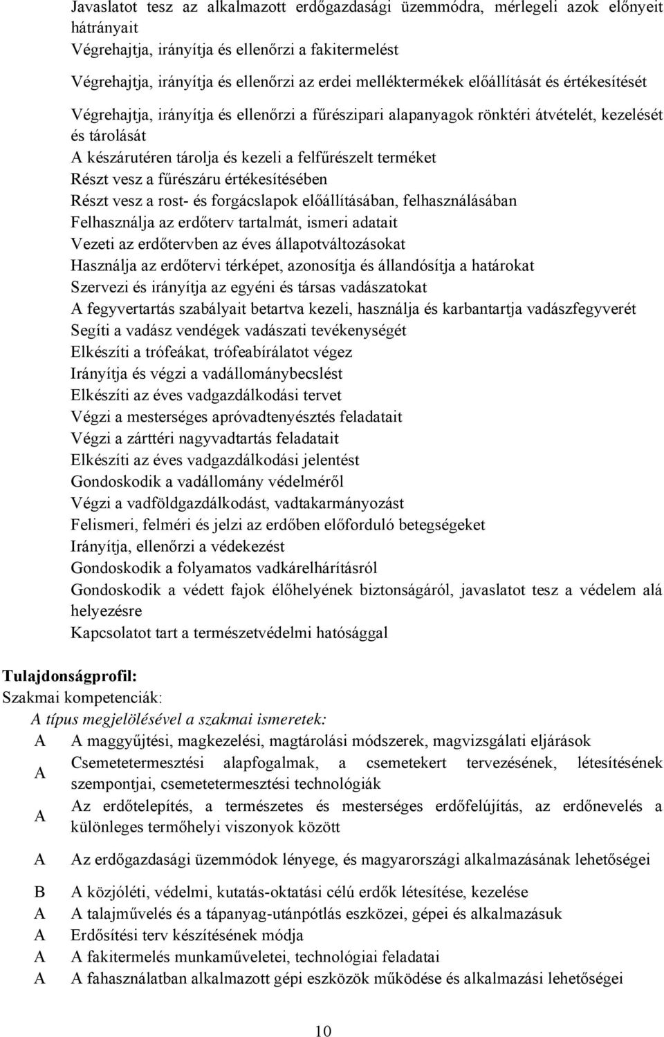 terméket Részt vesz a fűrészáru értékesítésében Részt vesz a rost- és forgácslapok előállításában, felhasználásában Felhasználja az erdőterv tartalmát, ismeri adatait Vezeti az erdőtervben az éves