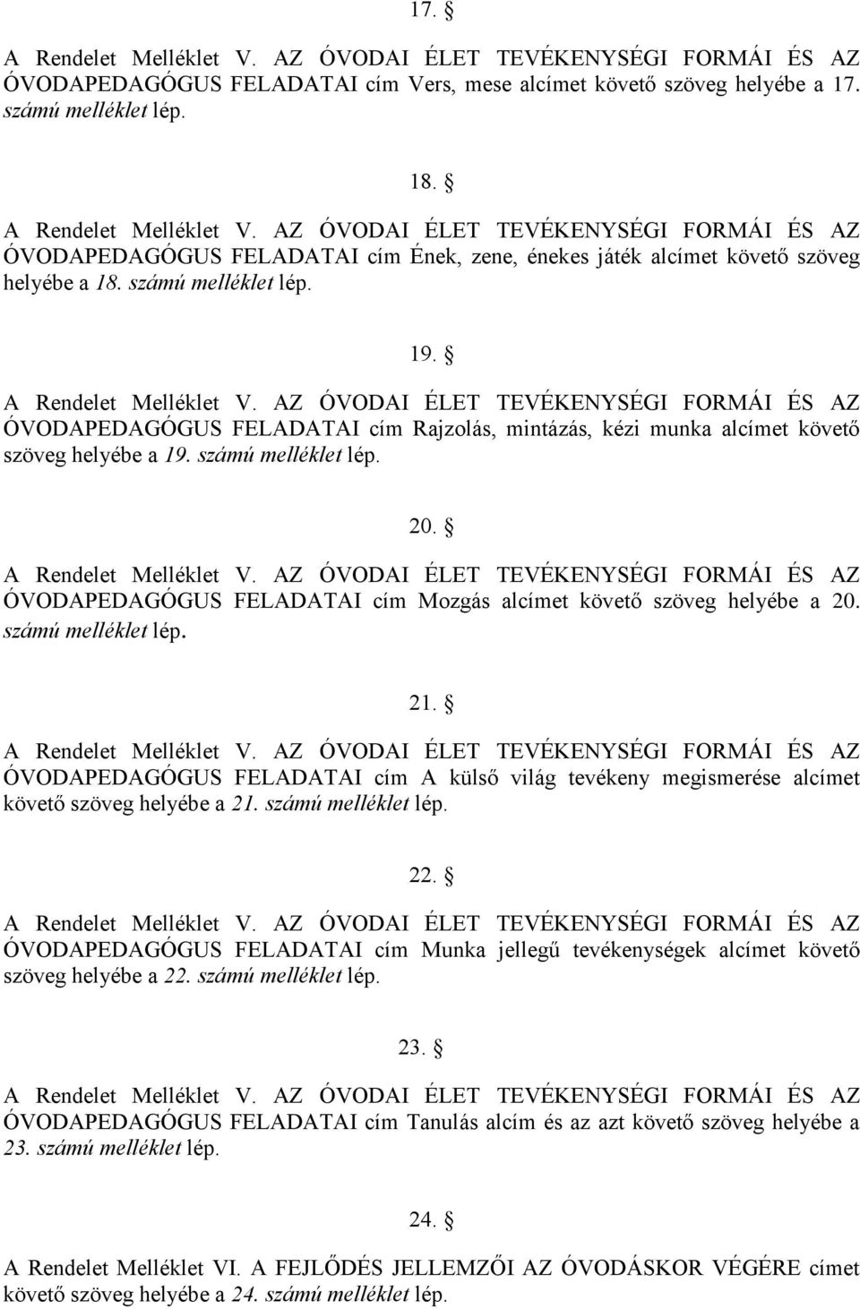 számú melléklet lép. 20. A Rendelet Melléklet V. AZ ÓVODAI ÉLET TEVÉKENYSÉGI FORMÁI ÉS AZ ÓVODAPEDAGÓGUS FELADATAI cím Mozgás alcímet követő szöveg helyébe a 20. számú melléklet lép. 21.