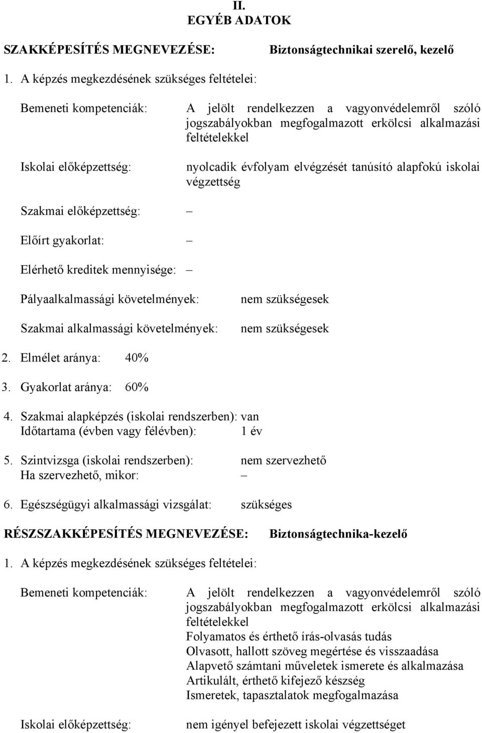 feltételekkel nyolcadik évfolyam elvégzését tanúsító alapfokú iskolai végzettség Szakmai előképzettség: Előírt gyakorlat: Elérhető kreditek mennyisége: Pályaalkalmassági követelmények: Szakmai