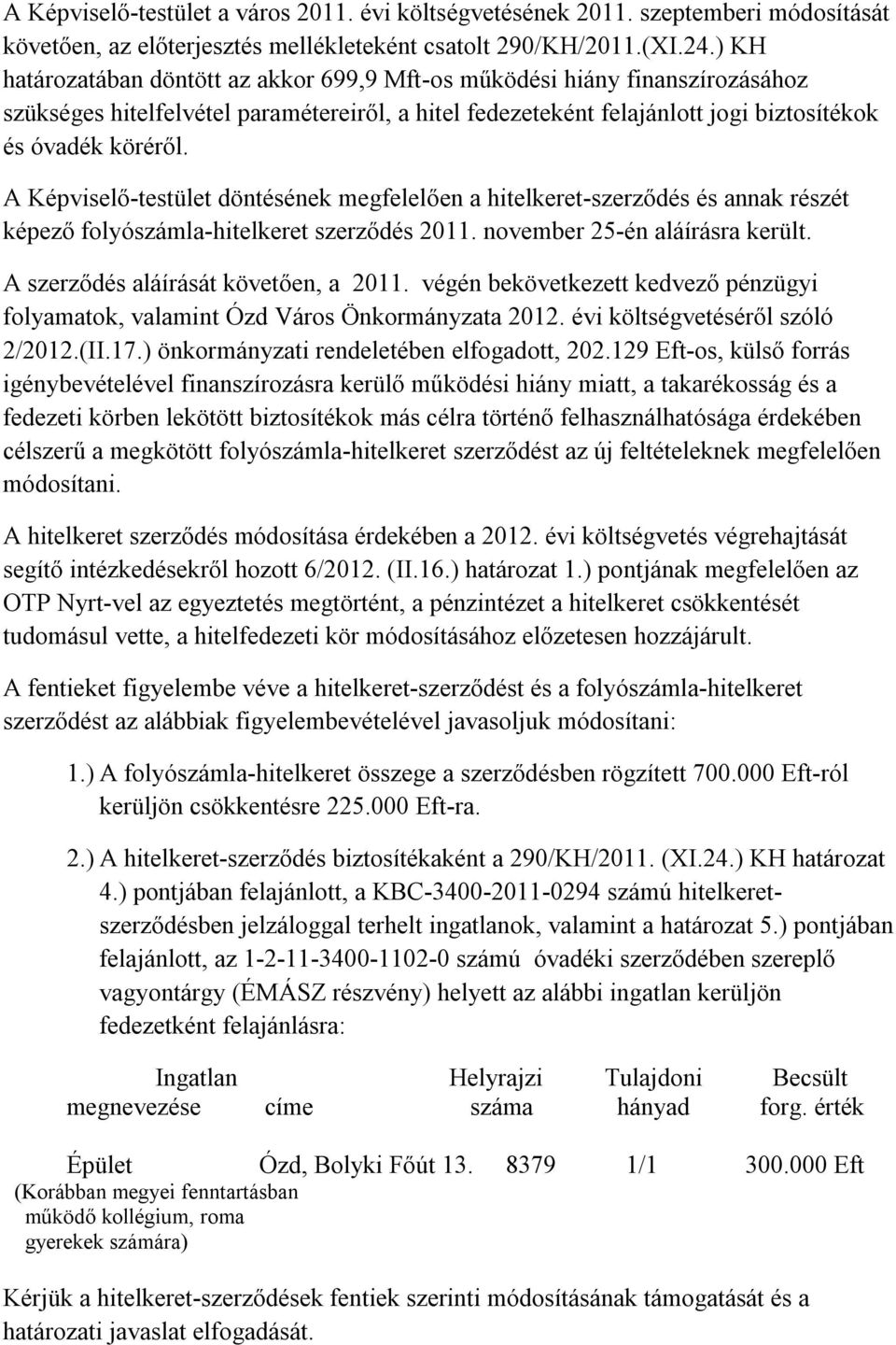 A Képviselő-testület döntésének megfelelően a hitelkeret-szerződés és annak részét képező folyószámla-hitelkeret szerződés 2011. november 25-én aláírásra került.