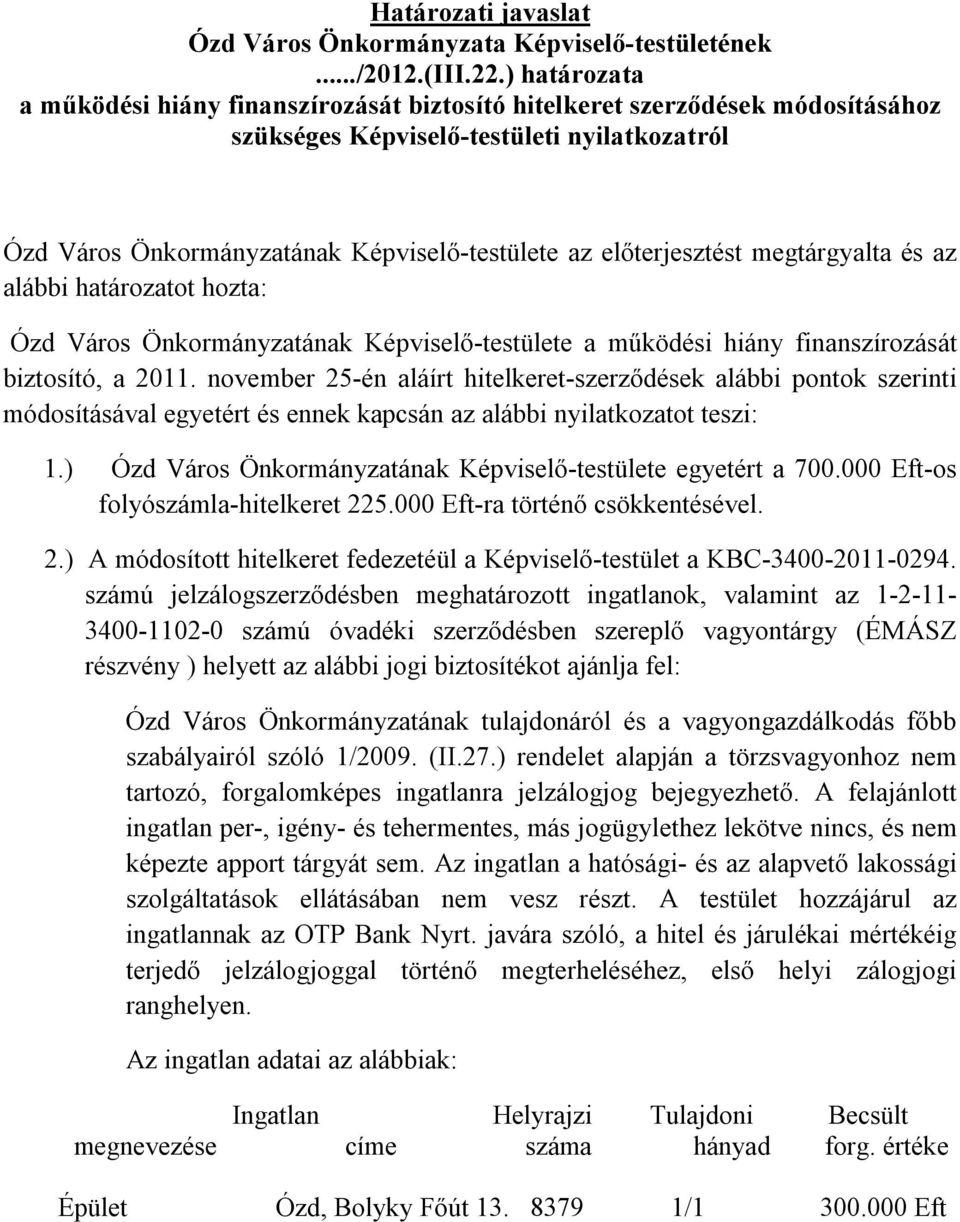 előterjesztést megtárgyalta és az alábbi határozatot hozta: Ózd Város Önkormányzatának Képviselő-testülete a működési hiány finanszírozását biztosító, a 2011.