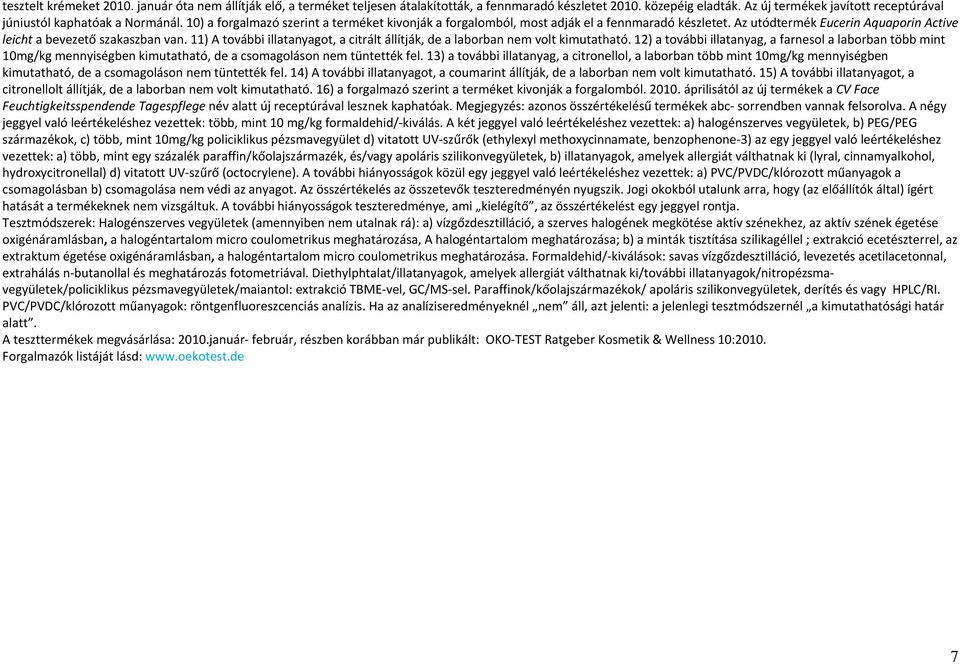 Az utódtermék Eucerin Aquaporin Active leicht a bevezető szakaszban van. 11) A további illatanyagot, a citrált állítják, de a laborban nem volt kimutatható.