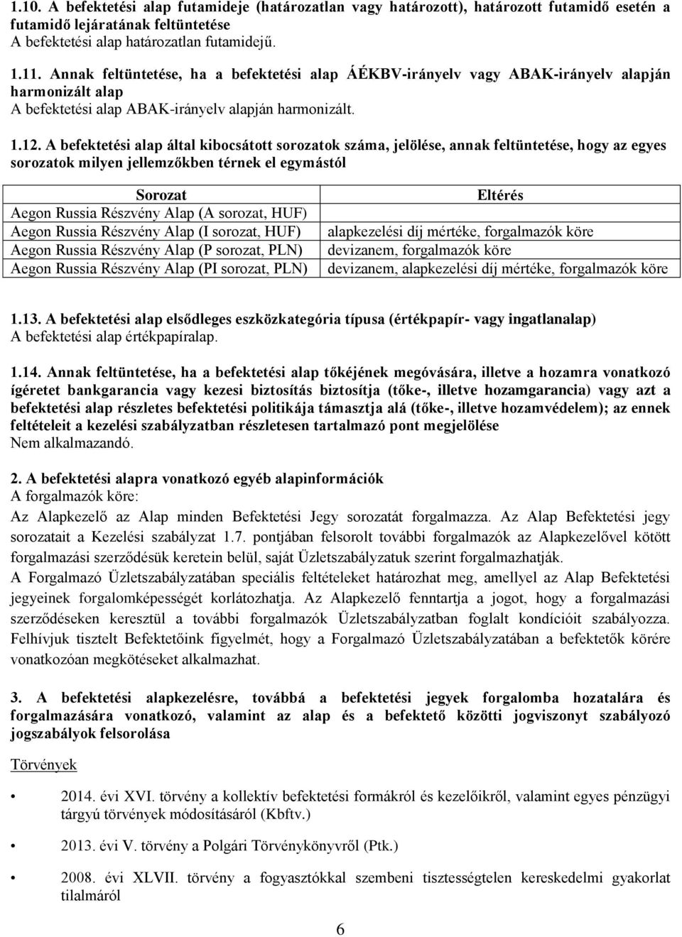 A befektetési alap által kibocsátott sorozatok száma, jelölése, annak feltüntetése, hogy az egyes sorozatok milyen jellemzőkben térnek el egymástól Sorozat Aegon Russia Részvény Alap (A sorozat, HUF)