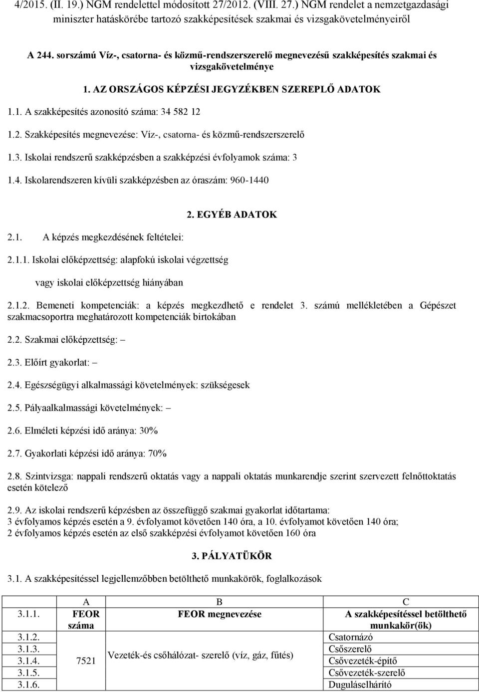 2. Szakképesítés megnevezése: Víz-, csatorna- és közmű-rendszerszerelő 1.3. Iskolai rendszerű szakképzésben a szakképzési évfolyamok száma: 3 1.4.