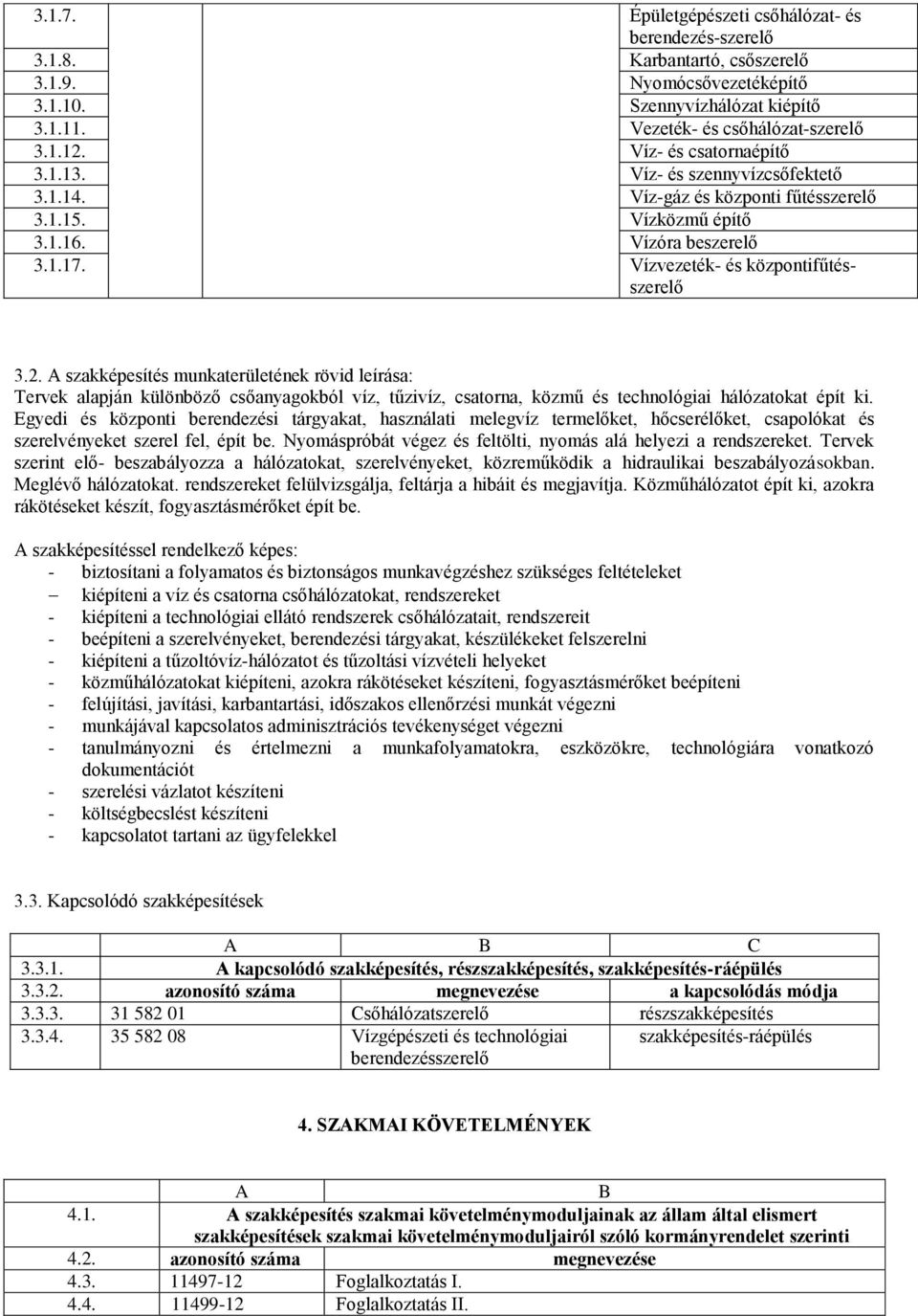 A szakképesítés munkaterületének rövid leírása: Tervek alapján különböző csőanyagokból víz, tűzivíz, csatorna, közmű és technológiai hálózatokat épít ki.