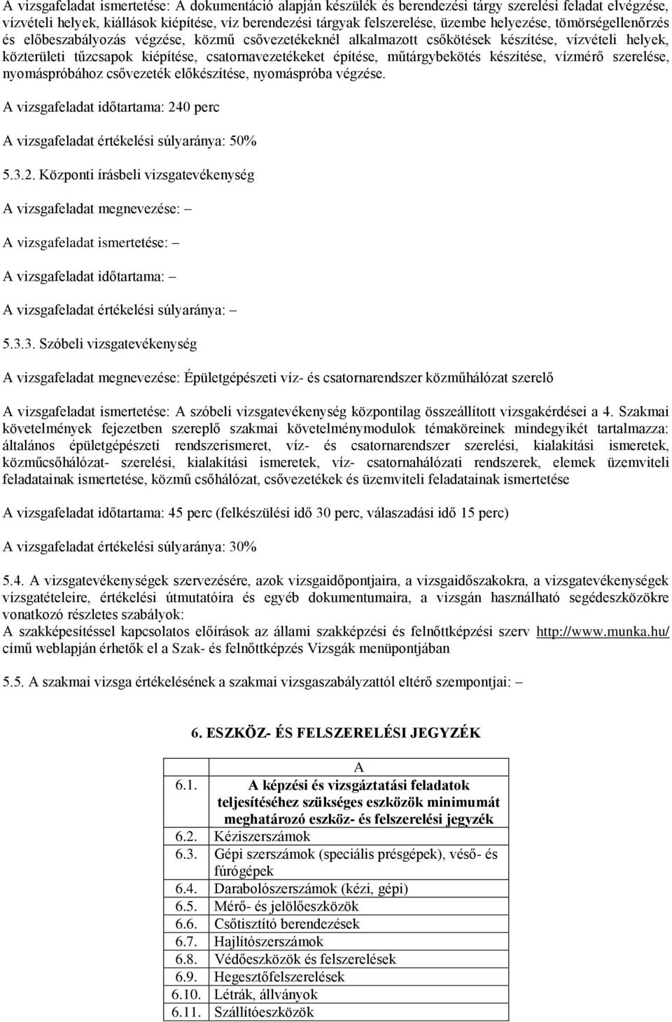 műtárgybekötés készítése, vízmérő szerelése, nyomáspróbához csővezeték előkészítése, nyomáspróba végzése. A vizsgafeladat időtartama: 24