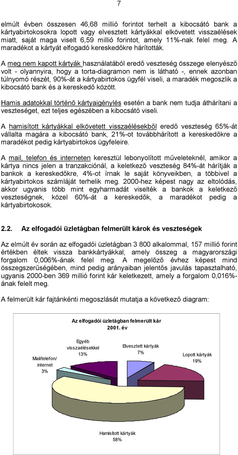 A meg nem kapott kártyák használatából eredő veszteség összege elenyésző volt - olyannyira, hogy a torta-diagramon nem is látható -, ennek azonban túlnyomó részét, 90%-át a kártyabirtokos ügyfél