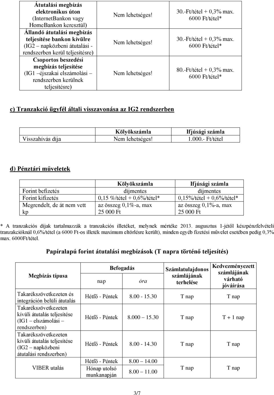 30.-Ft/tétel + 0,3% max. 80.-Ft/tétel + 0,3% max. c) Tranzakció ügyfél általi visszavonása az IG2 rendszerben Visszahívás díja 1.000.