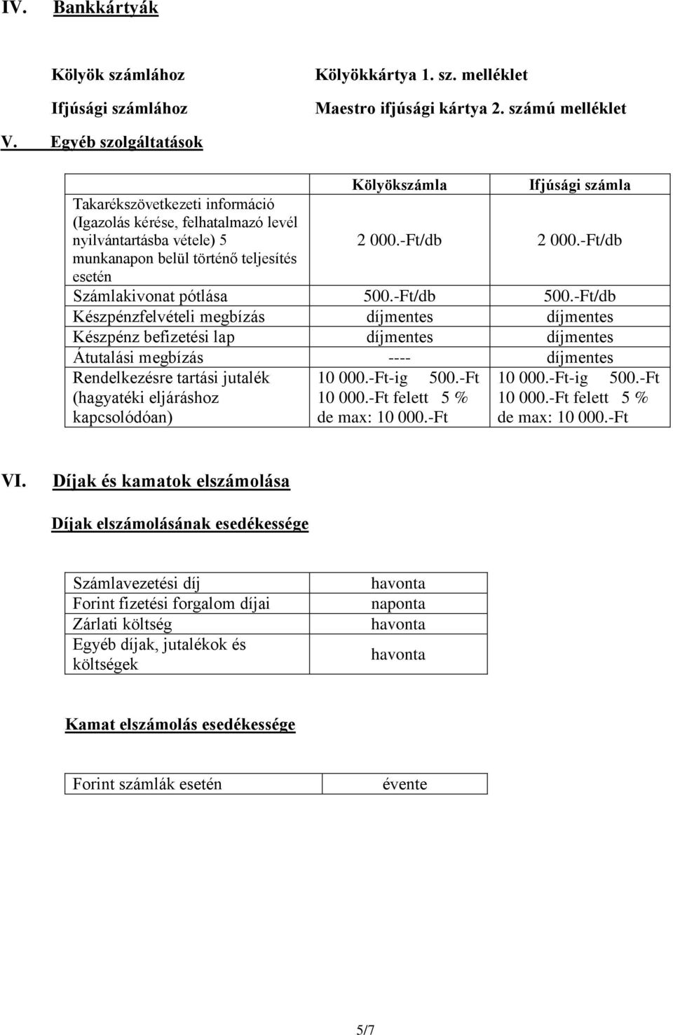 -Ft/db munkanapon belül történő teljesítés esetén Számlakivonat pótlása 500.-Ft/db 500.