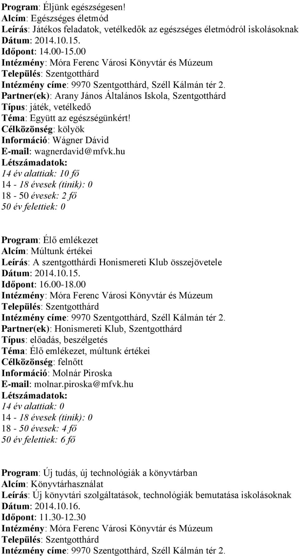 hu 14 év alattiak: 10 fő 18-50 évesek: 2 fő Program: Élő emlékezet Alcím: Múltunk értékei Leírás: A szentgotthárdi Honismereti Klub összejövetele Dátum: 2014.10.15. Időpont: 16.00-18.