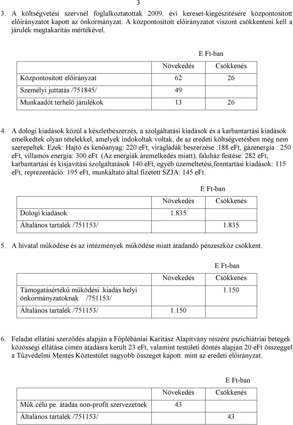 Növekedés Csökkenés Központosított előirányzat 62 26 Személyi juttatás /751845/ 49 Munkaadót terhelő járulékok 13 26 4.