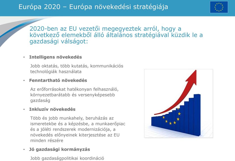 hatékonyan felhasználó, környezetbarátabb és versenyképesebb gazdaság Inkluzív növekedés Több és jobb munkahely, beruházás az ismeretekbe és a képzésbe, a