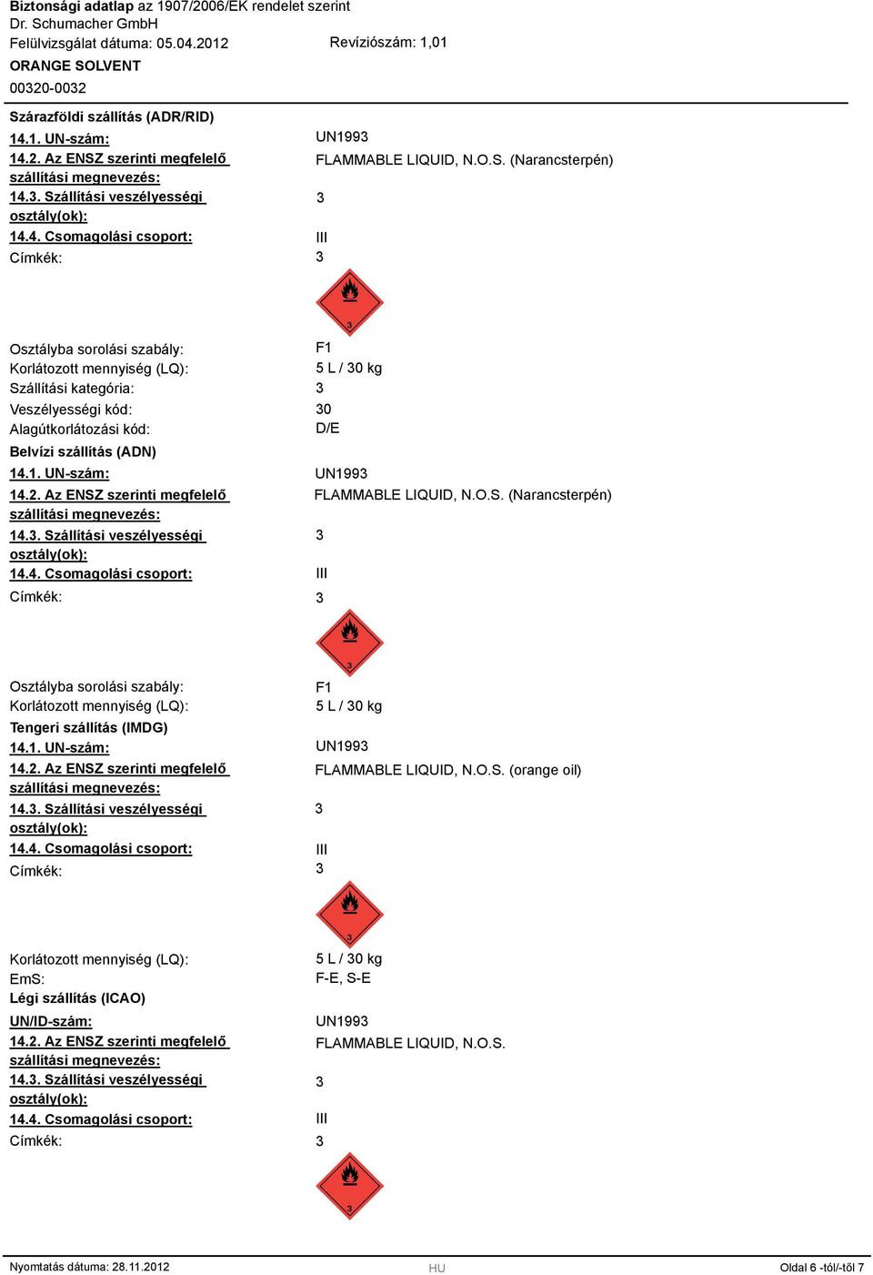 1. UN-szám: 14.. Szállítási veszélyességi 14.4. Csomagolási csoport: Címkék: F1 5 L / 0 kg UN199 FLAMMABLE LIQUID, N.O.S. (orange oil) III Korlátozott mennyiség (LQ): EmS: Légi szállítás (ICAO) UN/ID-szám: 14.