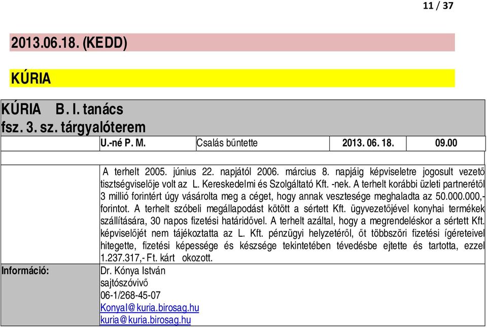 A terhelt korábbi üzleti partnerétől 3 millió forintért úgy vásárolta meg a céget, hogy annak vesztesége meghaladta az 50.000.000,- forintot. A terhelt szóbeli megállapodást kötött a sértett Kft.