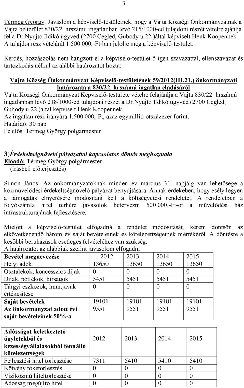 Vajta Község Önkormányzat Képviselő-testületének 59/2012(III.21.) önkormányzati határozata a 830/22.