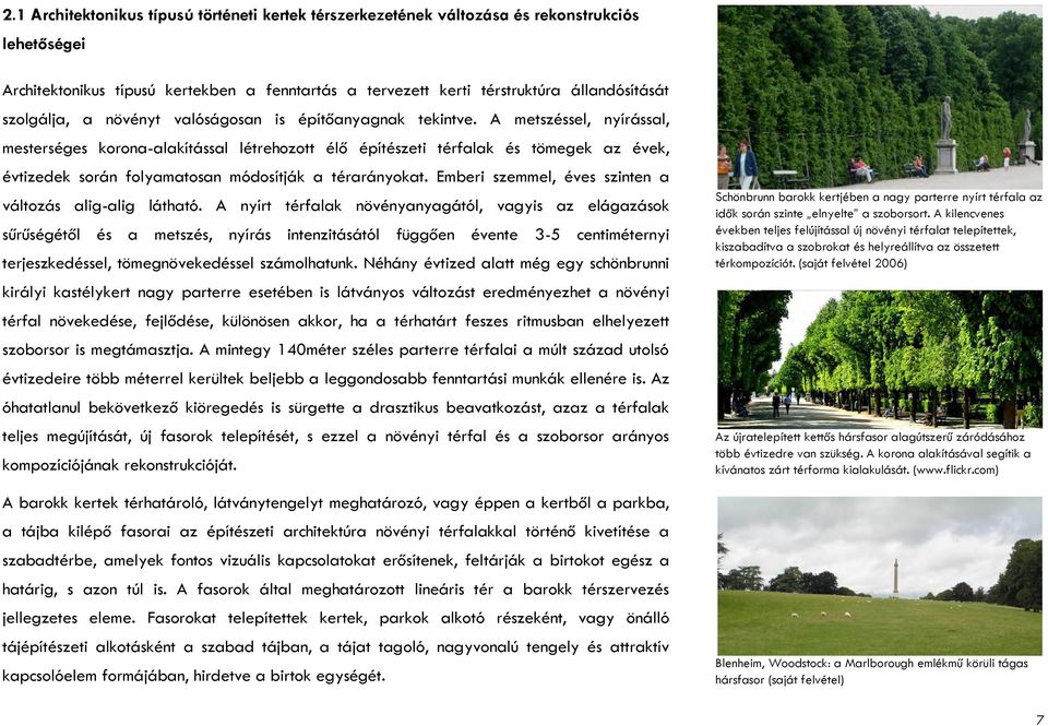A metszéssel, nyírással, mesterséges korona-alakítással létrehozott élő építészeti térfalak és tömegek az évek, évtizedek során folyamatosan módosítják a térarányokat.