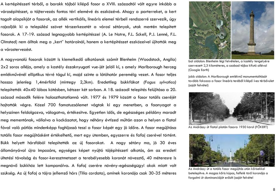mentén telepített fasorok. A 17-19. század legnagyobb kertépítészei (A. Le Notre, F.L. Sckell, P.J. Lenné, F.L. Olmsted) nem álltak meg a kert határainál, hanem a kertépítészet eszközeivel újították meg a várostervezést.