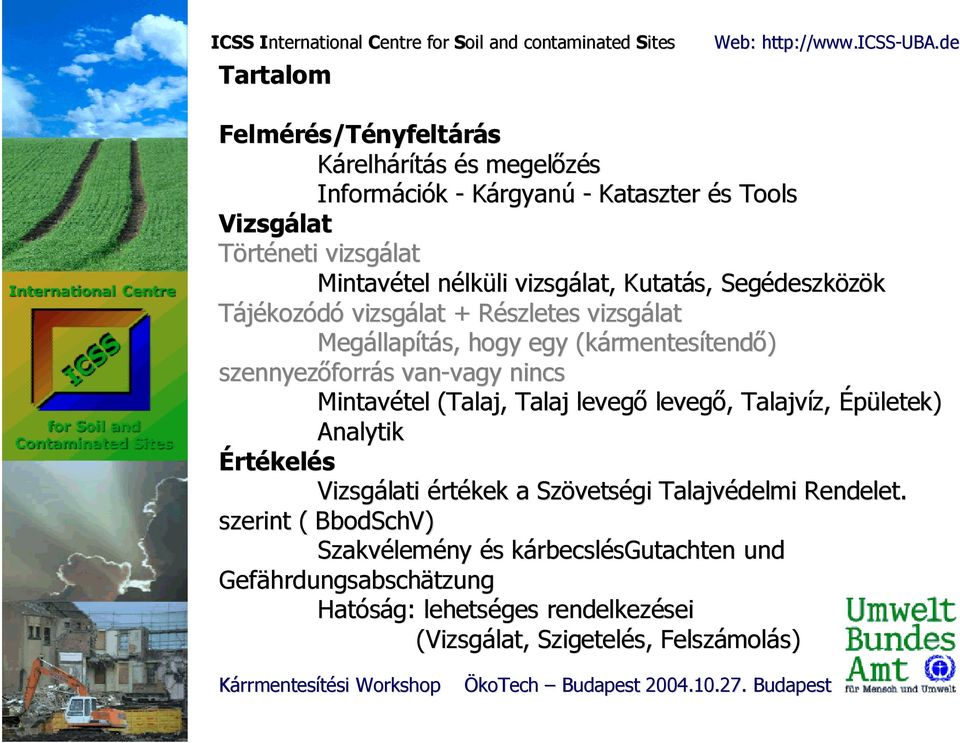 nincs Mintavétel tel (Talaj, Talaj levegő levegő, Talajvíz, Épületek) Analytik Értékelés Vizsgálati értékek a Szövets vetségi Talajvédelmi Rendelet.